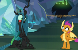 Size: 639x411 | Tagged: safe, edit, edited screencap, screencap, ocellus, queen chrysalis, smolder, changeling, changeling queen, dragon, g4, what lies beneath, asking, blushing, caption, chatting, compliment, cropped, disguise, disguised changeling, female, lesbian, queen chrysellus, questioning, ship:smolcellus, shipping