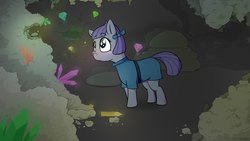 Size: 2560x1440 | Tagged: safe, artist:fuzzypones, boulder (g4), maud pie, earth pony, pony, g4, blush sticker, blushing, cave, colored, crystal, cute, female, filly, filly maud pie, maudabetes, rock, solo, sparkles, that pony sure does love rocks, younger