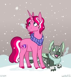 Size: 1280x1382 | Tagged: safe, artist:quincydragon, oc, oc only, oc:berry burst, oc:motley, dragon, dragriff, griffon, pony, unicorn, clothes, interspecies offspring, magical lesbian spawn, male, offspring, parent:gabby, parent:pinkie pie, parent:spike, parent:twilight sparkle, parents:spabby, parents:twinkie, scarf, snow, stallion