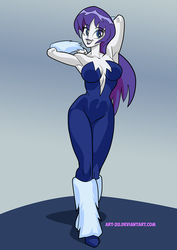 Size: 827x1169 | Tagged: safe, artist:art-2u, rarity, equestria girls, g4, alternate hairstyle, arm behind head, armpits, breasts, busty rarity, cleavage, clothes, cosplay, costume, dc comics, fit, killer frost, looking at you, slender, thin, unitard