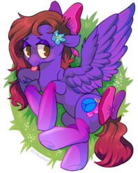 Size: 800x1000 | Tagged: safe, oc, oc only, oc:lana rose, pegasus, pony, bow, clothes, cute, dergunstown, fanart, flower, grass, pink, purple, simple background, socks, soft, solo, stockings, tail bow, thigh highs, tongue out, transparent background