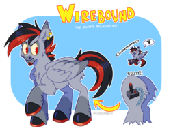Size: 1200x950 | Tagged: safe, oc, oc only, oc:wirebound, pegasus, pony, black, fluffy, gray, male, red, reference, simple background, solo, transparent background