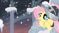 Size: 800x450 | Tagged: safe, screencap, commander hurricane, fluttershy, private pansy, rainbow dash, pegasus, pony, g4, hearth's warming eve (episode), animated, armor, female, gif, helmet, snow, snowfall, statue, wind