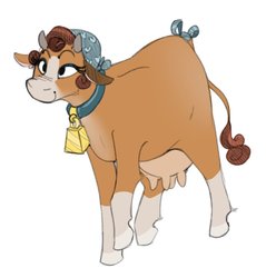 Size: 856x895 | Tagged: safe, artist:whydomenhavenipples, oc, oc only, oc:issa, cow, bell, bow, collar, cowbell, female, hairnet, horns, simple background, solo, tail bow, udder, white background