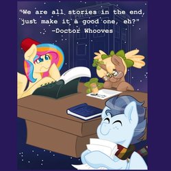Size: 800x800 | Tagged: safe, artist:cadetredshirt, oc, oc only, oc:copper chip, oc:golden gates, oc:silver span, earth pony, pegasus, pony, unicorn, babscon, book, bow, child, clothes, crossover, desk, digital, digital art, doctor who, ear fluff, fez, floating, freckles, glasses, hair bow, hat, horn, jewelry, magic, paper, pigtails, scarf, shading, smiling, space, tardis, thinking, two toned mane, typewriter, wings, worried, writing