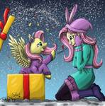 Size: 888x900 | Tagged: safe, artist:edhelistar, fluttershy, human, pegasus, pony, best gift ever, equestria girls, equestria girls series, g4, holidays unwrapped, spoiler:eqg series (season 2), boots, clothes, coat, confetti, cute, duo, earmuffs, female, floating heart, fluttershy's winter hat, fluttersquee, gloves, gradient background, heart, hearth's warming, human ponidox, kanji, leggings, looking at each other, mare, mixed media, present, self paradox, self ponidox, shoes, shyabetes, signature, snow, squee, sweater, sweatershy, tengwar, text, winter outfit