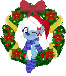 Size: 831x962 | Tagged: safe, artist:jhayarr23, oc, oc only, oc:icicle crash, deer, pony, blue coat, blushing, christmas, christmas wreath, clothes, deer oc, freckles, green eye, hat, hearth's warming, hearth's warming eve, holiday, ice deer, jhayarr23's holiday ych, looking at you, markings, movie accurate, one eye closed, pale belly, santa hat, scarf, simple background, sitting, socks, solo, striped socks, transparent background, white hair, white markings, wink, winking at you, wreath, ych result