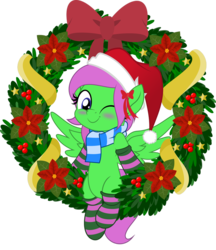 Size: 831x962 | Tagged: safe, artist:jhayarr23, oc, oc only, oc:zippy sparkz, pegasus, pony, blue eyes, blushing, christmas, christmas wreath, clothes, green coat, hat, hearth's warming, hearth's warming eve, holiday, jhayarr23's holiday ych, movie accurate, one eye closed, pegasus oc, pink hair, santa hat, scarf, simple background, socks, solo, striped socks, transparent background, wink, winking at you, wreath, ych result