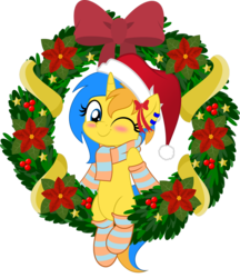 Size: 831x962 | Tagged: safe, artist:jhayarr23, oc, oc only, oc:electric sparkz, pony, unicorn, blue eyes, blue hair, blushing, christmas, christmas wreath, clothes, hat, hearth's warming, hearth's warming eve, holiday, horn, jhayarr23's holiday ych, movie accurate, one eye closed, orange hair, santa hat, scarf, simple background, socks, solo, striped socks, transparent background, unicorn oc, wink, winking at you, wreath, ych result, yellow coat