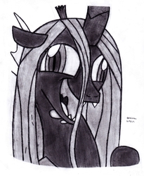 Size: 2415x2941 | Tagged: safe, artist:drchrisman, queen chrysalis, changeling, changeling queen, g4, the beginning of the end, derp, female, high res, monochrome, solo, traditional art