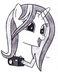 Size: 2453x3053 | Tagged: safe, artist:drchrisman, crackle cosette, queen chrysalis, changeling, changeling queen, g4, camera, disguise, disguised changeling, female, high res, monochrome, solo, traditional art