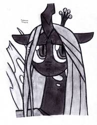 Size: 789x1013 | Tagged: safe, artist:drchrisman, queen chrysalis, changeling, changeling queen, g4, female, monochrome, solo, traditional art