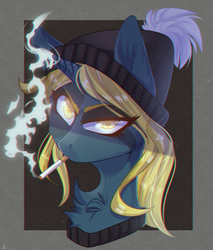 Size: 1846x2166 | Tagged: safe, artist:blue_raven, oc, oc only, pony, unicorn, chest fluff, cigarette, clothes, female, looking at you, mare, mouth hold, raised eyebrow, smoke, smoking, solo, sweater, ych result