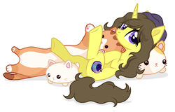 Size: 2275x1453 | Tagged: safe, artist:lc, artist:rioshi, artist:starshade, oc, oc only, oc:astral flare, cat, pony, unicorn, base used, butt, eye clipping through hair, female, lying down, on back, plot, plushie, simple background, white background