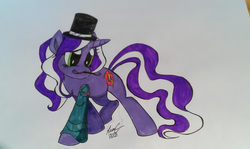 Size: 1200x716 | Tagged: safe, artist:lucas_gaxiola, oc, oc only, oc:purple tinker, pony, unicorn, artifact, facial hair, female, hat, horn, irl, mare, moustache, photo, signature, solo, top hat, traditional art, unicorn oc
