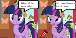 Size: 1005x499 | Tagged: safe, edit, edited screencap, screencap, spike, twilight sparkle, pony, unicorn, g4, magical mystery cure, big crown thingy, cropped, element of magic, fluttershy's cottage, implied cheese sandwich, jewelry, party popper, regalia, solo focus, speech bubble, time paradox, unicorn twilight