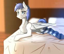 Size: 2048x1714 | Tagged: safe, artist:trast113, oc, oc only, oc:snow pup, pegasus, pony, bed, blurry background, clothes, female, mare, socks, solo, striped socks