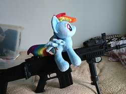 Size: 1440x1080 | Tagged: safe, artist:omegapony16, rainbow dash, pegasus, pony, g4, airsoft, female, fn scar, gun, irl, mare, photo, pillow, plushie, weapon