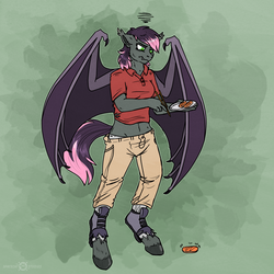 Size: 1500x1500 | Tagged: safe, artist:keetah-spacecat, oc, oc only, oc:quill, bat pony, human, anthro, abstract background, bat wings, clothes, food, green background, human to anthro, polo shirt, self insert, simple background, sushi, transformation, transgender transformation, white background, wings
