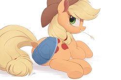 Size: 1500x992 | Tagged: safe, alternate version, artist:ncmares, artist:raps, applejack, earth pony, pony, butt, clothes, cowboy hat, cute, daisy dukes, dock, female, freckles, hat, haystick, jackabetes, mare, plot, shorts, simple background, smiling, solo, underhoof, white background
