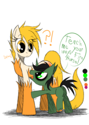 Size: 985x1385 | Tagged: safe, artist:didun850, oc, oc only, oc:elude, oc:ember (callmesatan), earth pony, pony, bags under eyes, chest fluff, colt, confused, duo, earth pony oc, exclamation point, eye clipping through hair, female, interrobang, male, mare, question mark, simple background, speech, white background
