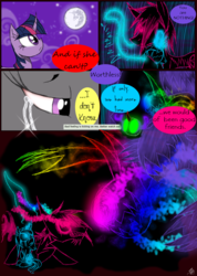 Size: 985x1385 | Tagged: safe, artist:didun850, princess celestia, princess luna, twilight sparkle, oc, oc:chase, alicorn, pony, shadow pony, unicorn, comic:ask chase the pony, g4, bust, colored horn, comic, crying, curved horn, dialogue, female, full moon, glowing horn, grin, horn, leash, magic, mare, mare in the moon, moon, rope, smiling, sombra eyes, sombra horn, telekinesis, unicorn twilight