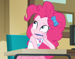 Size: 1194x934 | Tagged: safe, screencap, pinkie pie, blizzard or bust, equestria girls, equestria girls series, g4, holidays unwrapped, spoiler:eqg series (season 2), anxious, canterlot high, chair, classroom, clothes, cropped, cute, desk, diapinkes, female, geode of sugar bombs, hairpin, looking back, magical geodes, nervous, pen, pen in mouth, skirt, sleeveless, solo, teenager, worried