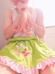 Size: 960x1280 | Tagged: safe, artist:lilfluttertrap, edit, fluttershy, human, g4, clothes, cosplay, costume, crossdressing, crossplay, irl, irl human, legs, male, photo, pink hair, skirt, solo, tank top, trap