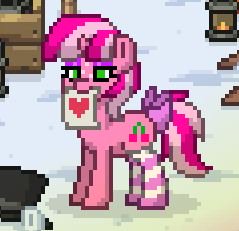 Size: 239x231 | Tagged: safe, oc, oc only, oc:cherry days, pony, unicorn, pony town, bow, clothes, eyeshadow, female, hat, heart, horn, makeup, mare, mouth hold, note, pixel art, smiling, snow, socks, solo, striped socks, tail bow, top hat, unicorn oc