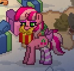 Size: 249x238 | Tagged: safe, oc, oc only, oc:cherry days, pony, unicorn, pony town, bow, clothes, eyeshadow, female, horn, makeup, mare, mouth hold, pixel art, present, smiling, socks, solo, striped socks, tail bow, unicorn oc