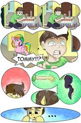 Size: 724x1103 | Tagged: safe, artist:candyclumsy, oc, oc:candy clumsy, oc:tommy the human, alicorn, human, pony, comic:nightmare pulsar, alicorn oc, blocks, canterlot, canterlot castle, clothes, colt, comic, commissioner:bigonionbean, dialogue, foal, halloween, holiday, horn, human oc, human to pony, magic, male, nightmare night, pants, shocked expression, shout, surprised, toy, transformation, writer:bigonionbean