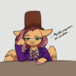 Size: 2000x2000 | Tagged: safe, artist:miokomata, fluttershy, pegasus, semi-anthro, g4, arm hooves, colored hooves, condescending fluttershy, condescending wonka, dialogue, female, floppy ears, freckles, freckleshy, gene wilder, hat, high res, mare, meme, ponified meme, roald dahl, top hat, willy wonka, willy wonka and the chocolate factory