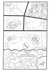 Size: 762x1049 | Tagged: safe, artist:jamestoneda, cloudchaser, evening star, party favor, thunderlane, earth pony, pegasus, pony, unicorn, comic:securing a sentinel, g4, boxes, carousel boutique, comic, commissioner:bigonionbean, coughing, cover, curious, dialogue, drunk, falling, fusion, gas, hat, magic, male, nightime, oh crap, oh shi-!, ponyville, potion, shattered glass, sketch, sketch dump, staircase, stallion, tripping, writer:bigonionbean