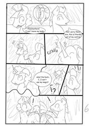 Size: 762x1049 | Tagged: safe, artist:jamestoneda, cloudchaser, evening star, party favor, thunderlane, earth pony, pegasus, pony, unicorn, comic:securing a sentinel, g4, boxes, butt, carousel boutique, comic, commissioner:bigonionbean, confused, dialogue, drunk, forced, fusion, hat, horn, magic, male, nightime, plot, ponyville, potion, shattered glass, shocked, sketch, sketch dump, sparking horn, stallion, writer:bigonionbean
