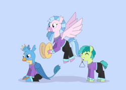 Size: 5057x3626 | Tagged: safe, artist:gd_inuk, gallus, sandbar, silverstream, classical hippogriff, earth pony, griffon, hippogriff, pony, g4, absurd resolution, band uniform, blue background, blushing, clothes, cymbals, eyes closed, female, flying, gallus is not amused, male, mouth hold, musical instrument, simple background, sitting, smiling, stallion, story included, triangle, unamused