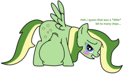 Size: 915x554 | Tagged: safe, artist:didgereethebrony, oc, oc only, oc:boomerang beauty, pegasus, pony, belly, big belly, blushing, cutie mark, fat, grammar error, impossibly large belly, looking at you, stuffed, trace