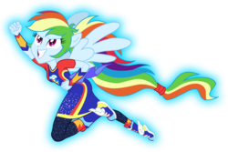 Size: 1200x800 | Tagged: safe, artist:sapphiregamgee, rainbow dash, equestria girls, equestria girls specials, g4, my little pony equestria girls: better together, my little pony equestria girls: forgotten friendship, clothes, cutie mark on clothes, determined smile, female, fist, grin, hairstyle, looking up, pants, ponied up, pony ears, ponytail, pose, shirt, shoes, simple background, smiling, sneakers, socks, solo, super ponied up, sweatpants, teeth, transparent background, wings, wrist guard