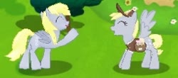 Size: 254x112 | Tagged: safe, gameloft, derpy hooves, pegasus, pony, g4, delivery pony, duo, eyes closed, game screencap, self ponidox, waving