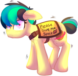 Size: 909x879 | Tagged: safe, artist:tiothebeetle, oc, oc only, oc:apogee, earth pony, pony, adorable distress, behaving like a dog, communicoat, cute, female, floppy ears, looking at you, mare, meme, nervous, outfit, ponified animal photo, ponified meme, service dog, service pony, shaking, shivering, shy, simple background, solo, text, transparent background