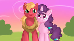 Size: 1280x720 | Tagged: safe, artist:jbond, big macintosh, sugar belle, earth pony, pony, unicorn, g4, bush, duo, female, freckles, looking at each other, male, mare, outdoors, ship:sugarmac, shipping, smiling, stallion, straight, twilight (astronomy)