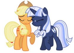 Size: 9995x7173 | Tagged: safe, artist:estories, applejack, oc, oc:silverlay, original species, pony, umbra pony, g4, absurd resolution, applejack's hat, canon x oc, cowboy hat, eyes closed, female, hat, lesbian, mare, shipping, silverjack, simple background, smiling, transparent background, vector