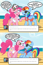 Size: 781x1164 | Tagged: safe, artist:pippy, pinkie pie, rainbow dash, pony, pinkiepieskitchen, g4, drinking hat, drunk, hat, pirate dash