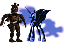 Size: 1095x730 | Tagged: safe, nightmare moon, alicorn, bear, pony, anthro, g4, animatronic, antagonist, anthro with ponies, crossover, duo, female, five nights at freddy's, fnaf 4, looking at you, male, nightmare freddy, png, sharp teeth, simple background, spread wings, standing, teeth, transparent background, wings