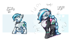 Size: 4000x2500 | Tagged: safe, artist:krd, oc, oc only, oc:misty (krd), earth pony, pony, arm hooves, bell, bell collar, bimboification, bimbony, blue eyeshadow, blue hair, blue lipstick, boots, bracelet, breasts, chest fluff, chestbreasts, clothes, collar, dialogue, ear piercing, earring, eyeliner, eyeshadow, female, fluffy, hair, high heels, high res, jewelry, lipstick, makeup, piercing, puffed chest, quadrupedal, quadrupedal chest boobs, rubber, shoes, socks, solo, stockings, text, thigh highs
