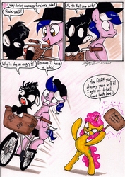 Size: 1398x1979 | Tagged: safe, artist:newyorkx3, oc, oc only, oc:karen, oc:mikey (legacy), oc:tommy junior, earth pony, pony, unicorn, angry, bicycle, cap, colt, comic, female, hat, husband and wife, kakey, male, mallet, riding, traditional art