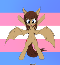 Size: 1280x1372 | Tagged: safe, artist:lunebat, oc, oc only, oc:lunette, bat pony, pony, bat pony oc, bat wings, belly button, bipedal, pride, pride flag, solo, transgender, transgender pride flag, wings
