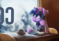 Size: 4096x2896 | Tagged: safe, artist:anticular, twilight sparkle, alicorn, pony, g4, beanie, book, cafe, clothes, earbuds, female, hat, high res, mare, mug, scarf, sitting, solo, twilight sparkle (alicorn), window, winter