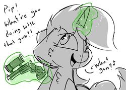 Size: 1280x915 | Tagged: safe, artist:northwindsmlp, oc, oc only, oc:littlepip, pony, unicorn, fallout equestria, blatant lies, clothes, fanfic, fanfic art, female, glowing horn, gun, handgun, hooves, horn, jumpsuit, levitation, little macintosh, magic, mare, open mouth, optical sight, pipbuck, revolver, scope, solo, telekinesis, vault suit, weapon