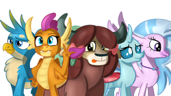 Size: 1600x900 | Tagged: safe, artist:jbond, gallus, ocellus, silverstream, smolder, yona, changeling, classical hippogriff, dragon, griffon, hippogriff, yak, g4, female, male, peace sign, simple background, teenaged dragon, teenager, tongue out, white background