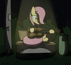 Size: 2200x2000 | Tagged: safe, artist:kippzu, derpibooru exclusive, fluttershy, pony, g4, cigarette, drawthread, female, guitar, high res, moody, musical instrument, night, playing instrument, smoking, solo